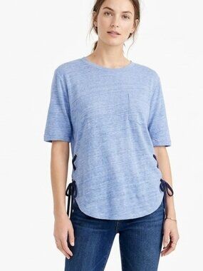 Derek Lam 10C Blue Linen Short Sleeve Shirt Tie Details Size Small